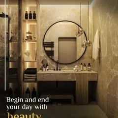 Begin and end your day with beauty. This vanity setup creates a moody and sophisticated atmosphere with integrated shelving, warm backlighting, and a minimalist stone countertop, perfect for a tranquil evening routine.