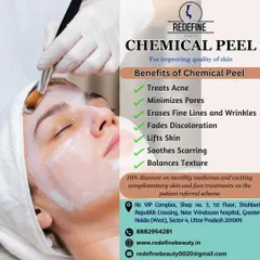 Renew and reveal your skin's potential with a Chemical Peel. This graphic explains how the treatment can treat acne, minimize pores, erase fine lines, and balance skin texture.
