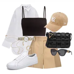 This is a dream color combination for a casual day out. A simple black top with neutral shorts, a crisp white shirt, and classic accessories creates a look that is clean, modern, and effortlessly cool.