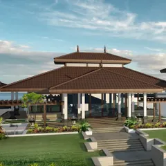 This view of our Balinese-inspired project showcases the main pavilion set within a lush garden. The architecture uses natural materials and an open design to create a tranquil, resort-like feel.