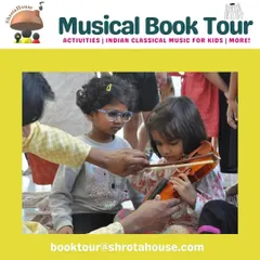 A young girl carefully holds the bow, trying the violin for the first time with gentle guidance. Our workshops are a safe space for children to experiment without pressure.