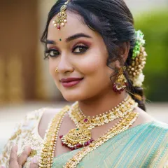 The complete South Indian bridal look, featuring a beautiful hairstyle with fresh flowers. My students learn to perfect every element of a bride's appearance.