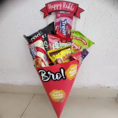 A fun and unique take on a Rakhi gift, this snack bouquet is arranged in a bright red cone. It's overflowing with chips, biscuits, and chocolates, making it a kid-friendly hamper that's easy to gift and exciting to receive.
