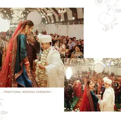 An album spread showing the varmala ceremony. The groom bows to receive the garland from his bride, surrounded by cheering family and friends, capturing a key moment of a traditional Indian wedding.