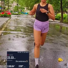 A 23.33km endurance run completed in just over two hours. The stats show a consistent 5:09/km average pace, a testament to a solid training base.