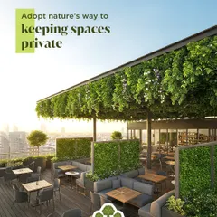 For this rooftop restaurant, we used lush greenery to create natural, living screens. This approach provides privacy and intimacy for diners without sacrificing the open air atmosphere, blending functional design with a vibrant, natural aesthetic.