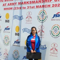 Our talented shooter, Dr. Sarika Raga, at the India Open Shooting Championship, where she won a Silver Medal in the ISSF Pistol Masters Category.