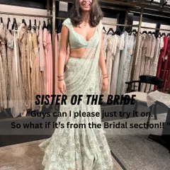 The sister of the bride having her main character moment. It's always fun when family members want to try on something from the bridal section, and this gorgeous lehenga-saree looks amazing on her.