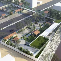 An isometric view of our proposal for the Velachery Lake, illustrating the core ideology of combining environmental restoration, community access, and flood resilience. The design includes walkways, green spaces, and a pedestrian bridge.