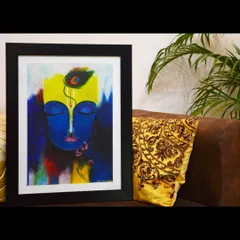 Here is the "Meditating Krishna" portrait styled in a home setting. It's designed to be a peaceful piece of wall decor for your living space.
