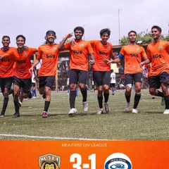 The moment of celebration after a 3-1 victory over India Rush SC in the MFA First Division League. A fantastic team performance.