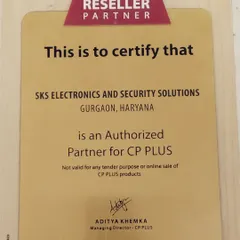This certificate confirms that SKS Electronics and Security Solutions is an Authorized Reseller Partner for CP PLUS. This official recognition ensures you get authentic products and proper support.