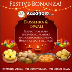 Our festive bonanza for Dussehra and Diwali is designed for both individual families and large corporate orders. We offer a range of authentic sweets like Rasagola and Rajbhog, ensuring there's a perfect gift for everyone.