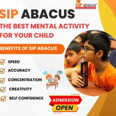 This graphic clearly lists the five key benefits of my SIP Abacus program: speed, accuracy, concentration, creativity, and self-confidence. Admissions are open for children who want to develop these essential skills.