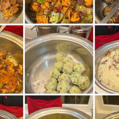 A collage showcasing the variety in our menu for a society party. From flavorful paneer tikka and assorted vegetable dishes to traditional biryani, we offer a wide range of culinary delights.