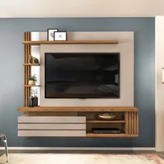 This floating TV unit is a perfect solution for a modern, minimalist space. The design features a clean back panel, asymmetrical wood shelving for display, and closed drawers for concealed storage, blending style with practicality.