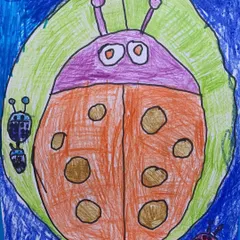 Another fantastic ladybug from our preschool class. This student has added smaller bugs and shows a good grasp of placing shapes within a larger composition.