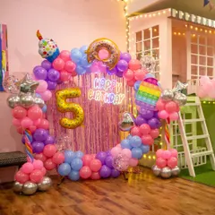 Welcome to Candyland! This sweet theme is filled with donut and ice cream balloons, a pop-it character, and a shimmering backdrop for a sugar-filled celebration.