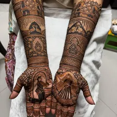 A classic bridal mehendi featuring royal motifs. The design includes a dancing bride on one palm, a wedding procession with elephants, and intricate architectural elements.