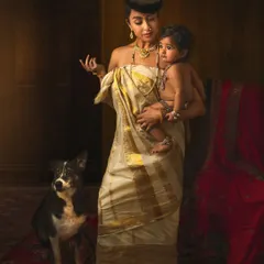 Inspired by the paintings of Raja Ravi Varma, this portrait is a tribute to the beauty of our Indian street dogs. It showcases the elegance and grace of this rescued Indie and his loving owner.