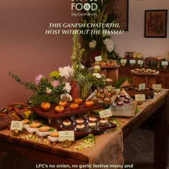 This is how we do festive celebrations. We design stunning, full-spread tablescapes with bespoke menus, like this no onion, no garlic spread for a Ganesh Chaturthi gathering, so you can host without the hassle and enjoy the party.