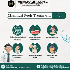 This graphic illustrates the key benefits of our chemical peel treatments. The procedure is designed to fade sun pigmentation, boost collagen, minimize pores, and clear acne for brighter, even-toned skin.