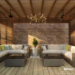 This covered rooftop seating area is a perfect outdoor haven. The design features a rustic stone wall, a wooden pergola ceiling, and comfortable lounge furniture, creating an ideal space for relaxation.