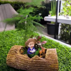 A thoughtful gift that tells a story. This miniature landscape in a log-style planter features a tiny reading monk, creating a scene of peace and tranquility.