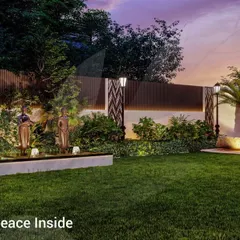 "City Outside, Peace Inside." This render for a Sainik Farms property shows a tranquil garden with a lush lawn, a water feature with sculptures, and a boundary wall designed to create a private, peaceful escape.