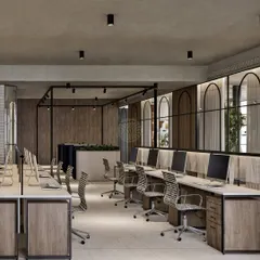 An open and collaborative workspace is key to a modern office. This render shows how we design ergonomic workstation layouts that feel light and practical for daily use, with glass partitions and wood tones to maintain an airy, connected atmosphere.