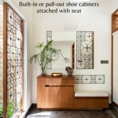 To solve the problem of scattered shoes at the entrance, we designed this built-in shoe cabinet with an attached seat. It's a practical and elegant solution for any Indian home.