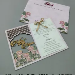 This card features a laser-cut archway revealing a pond of lotus flowers. The couple's names are cut from gold acrylic, adding a luxurious and personalized touch.