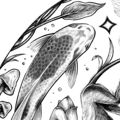 A detail shot of the koi fish from the mandala. I spent a lot of time on the digital shading to give it a realistic yet illustrative feel.