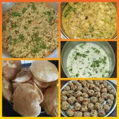 Another customized lunch order for a get-together. This meal included pulao, bombay saagu with poori, and Antinaunde, a traditional dry fruits laadu, for a sweet finish.