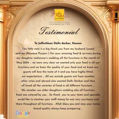 A heartfelt testimonial from a family whose daughter's wedding we catered. They appreciated our quality and the variety of food, noting that even their out-of-town guests loved it.