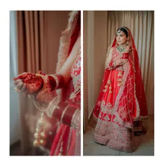 A diptych showcasing the bride's full wedding look, from a close-up of her henna-adorned hands to a full-length shot of her magnificent red lehenga.