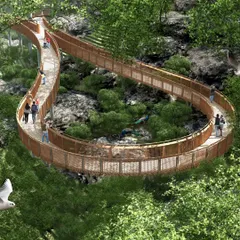 An aerial render of a key section of the Malabar Hill walkway, showing how it curves around natural rock formations and vegetation. The design carefully navigates the existing terrain to preserve the forest while creating accessible viewpoints for visitors.