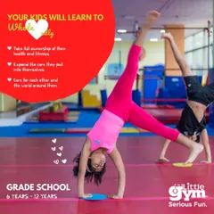 Our grade school gymnasts showcase their developing strength and coordination with impressive cartwheels. This dynamic movement is a cornerstone of gymnastics, teaching body control and spatial awareness in a fun, active way.