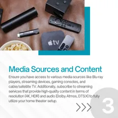 Your cinema is only as good as the content you play. We ensure your system is compatible with all modern media sources, including 4K Blu-ray players, streaming devices like Apple TV, and gaming consoles, to fully utilize high resolution video and audio formats.
