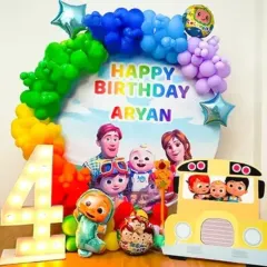 For the little ones, I bring their favorite characters to life. This Cocomelon themed birthday setup features a custom backdrop, a vibrant rainbow balloon arch, character cutouts, and a large light-up marquee number to make the birthday boy or girl feel extra special.