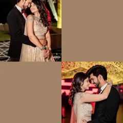 A collage of romantic couple portraits from their engagement night. The warm lighting and their close embrace create a beautiful and intimate mood.