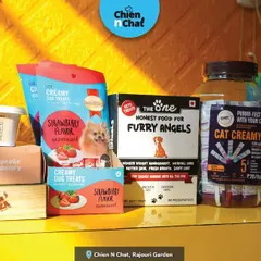 A peek at my treats section in the Rajouri Garden store. I have everything from creamy dog treats and strawberry-flavored snacks to honest, healthy food for your furry angels.