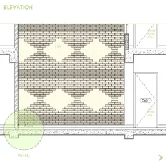 The architectural elevation drawing for the Green Bean feature wall. This technical drawing guided the masons in executing the complex, stepped brick pattern.