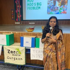 Teaching the next generation about "Moo Moo's Big Problem". We use storytelling to explain how plastic waste harms animals and the environment, followed by a hands-on waste segregation activity to teach them how to sort dry and wet waste.