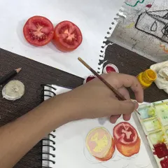 Learning to see and draw. Here, a student paints a sliced tomato, carefully observing its internal structure and color variations. This exercise sharpens observation skills, which are critical for exam success.