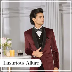 The luxurious allure of a velvet tuxedo is undeniable. This rich maroon three-piece ensemble with a satin shawl lapel is the epitome of refined taste, perfect for a winter wedding or a black-tie affair.