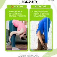 Forward Fold (Uttanasana) should be a release for the spine, not a strain. This visual guide shows the difference between rounding the back and hinging from the hips with a slight knee bend. We teach you to fold with ease, not force, so your spine will thank you.