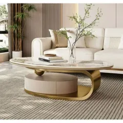 Another view of the center table with integrated storage, showing how the clean lines and luxury materials work together.