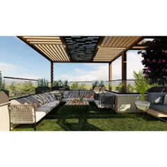 A beautiful rooftop garden with an artificial lawn, providing a lush green space for relaxation. The modern pergola features a laser-cut patterned roof, creating beautiful light and shadow effects.