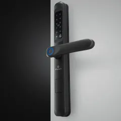 Another in-use angle of the Phynart smart lock. The perspective highlights the handle and keypad, showing the product's form from a different view.